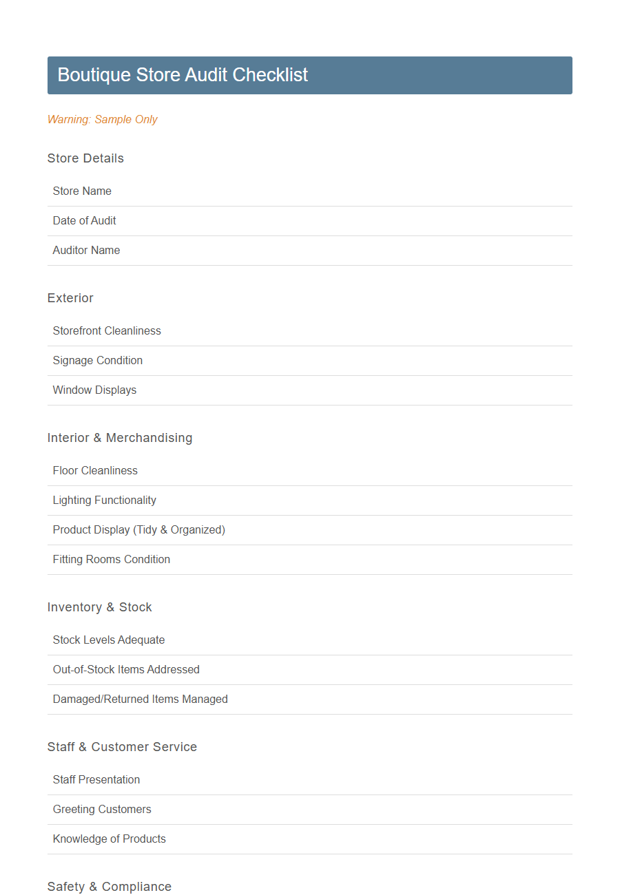 Retail Store Audit Checklist Form PDF Samples