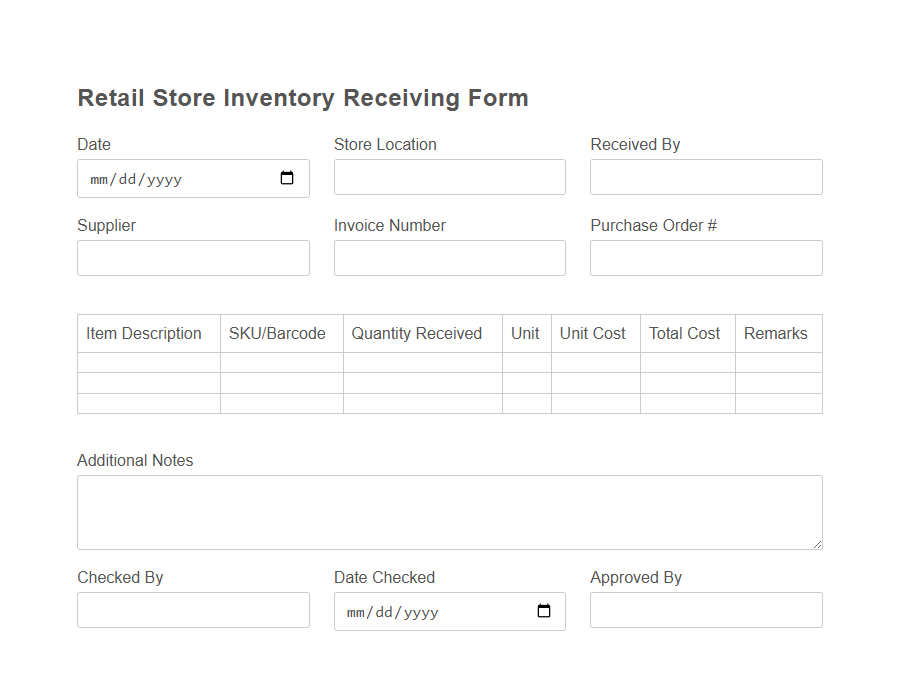 Retail Store Inventory Receiving Form PDF Samples