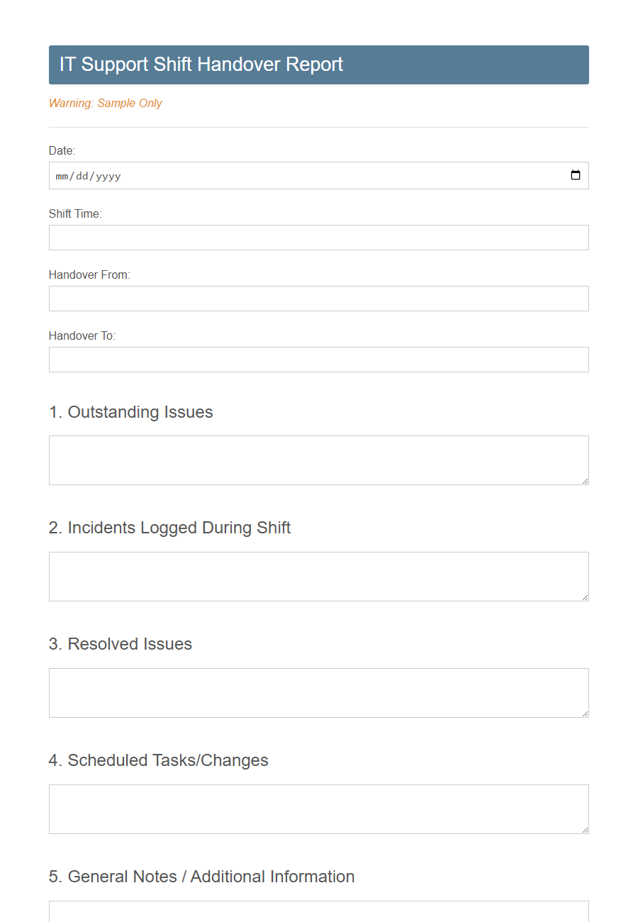 Shift Handover Report Form PDF Samples