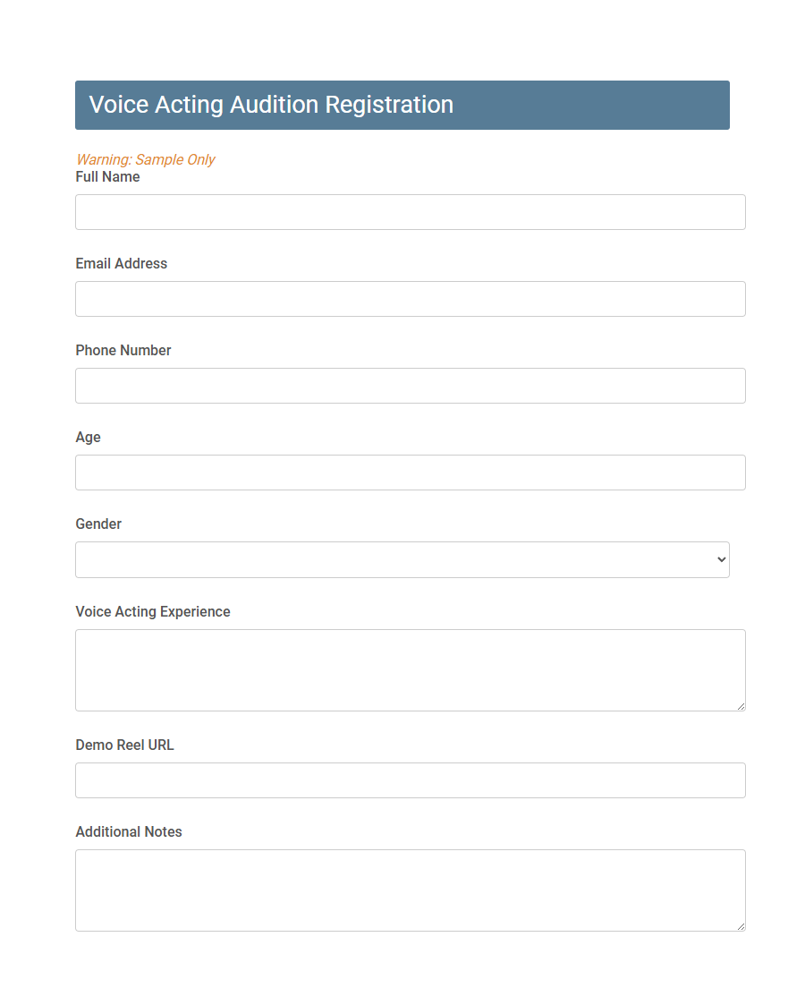 Talent Audition Registration Form Template PDF Samples