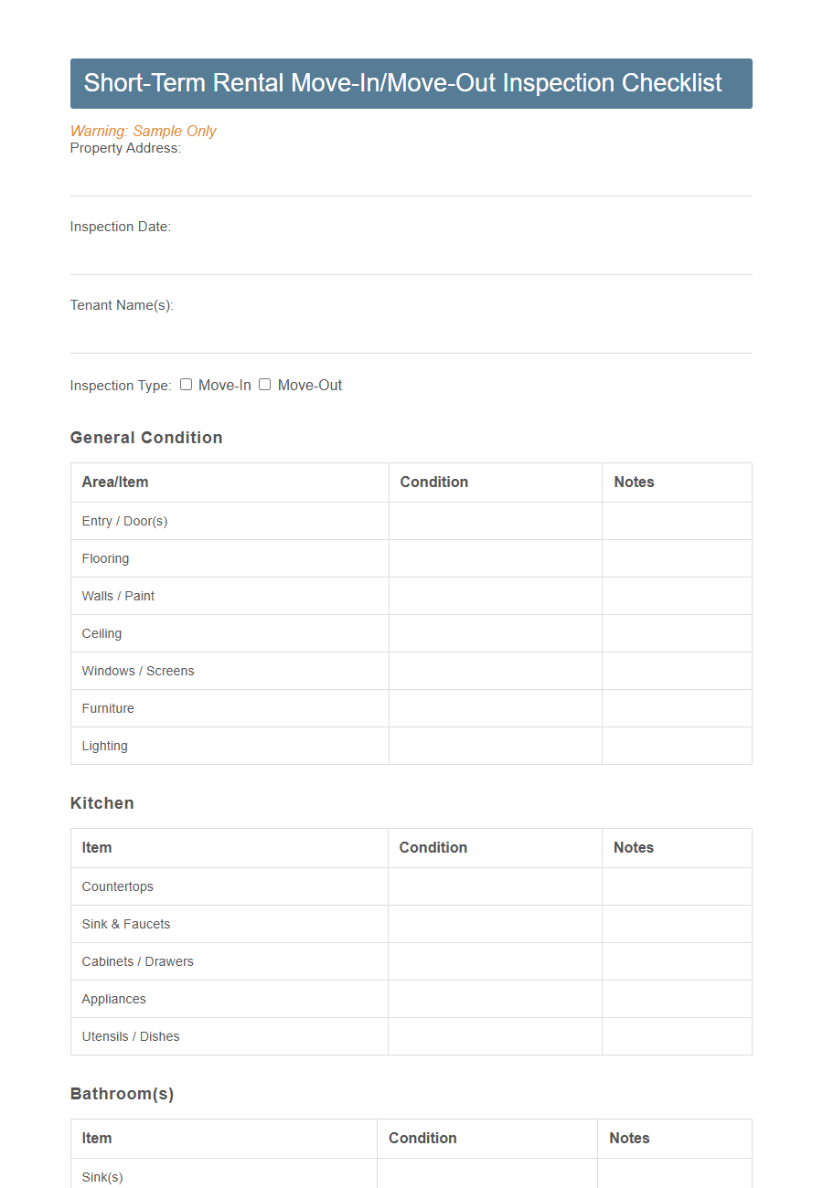 Tenant Move-In/Move-Out Inspection Form Template PDF Samples