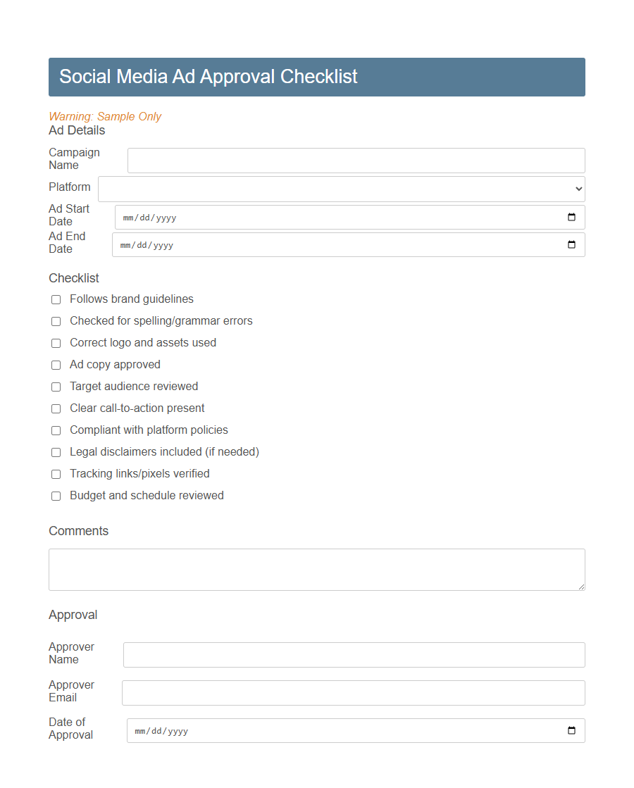 Ad Approval Checklist Form PDF Samples