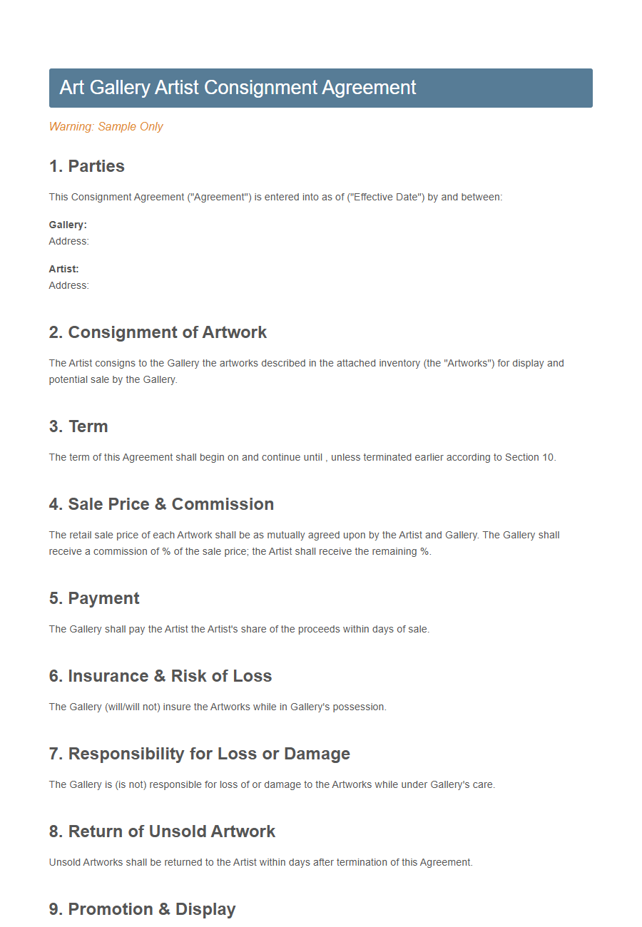 Art Gallery Consignment Form PDF Samples