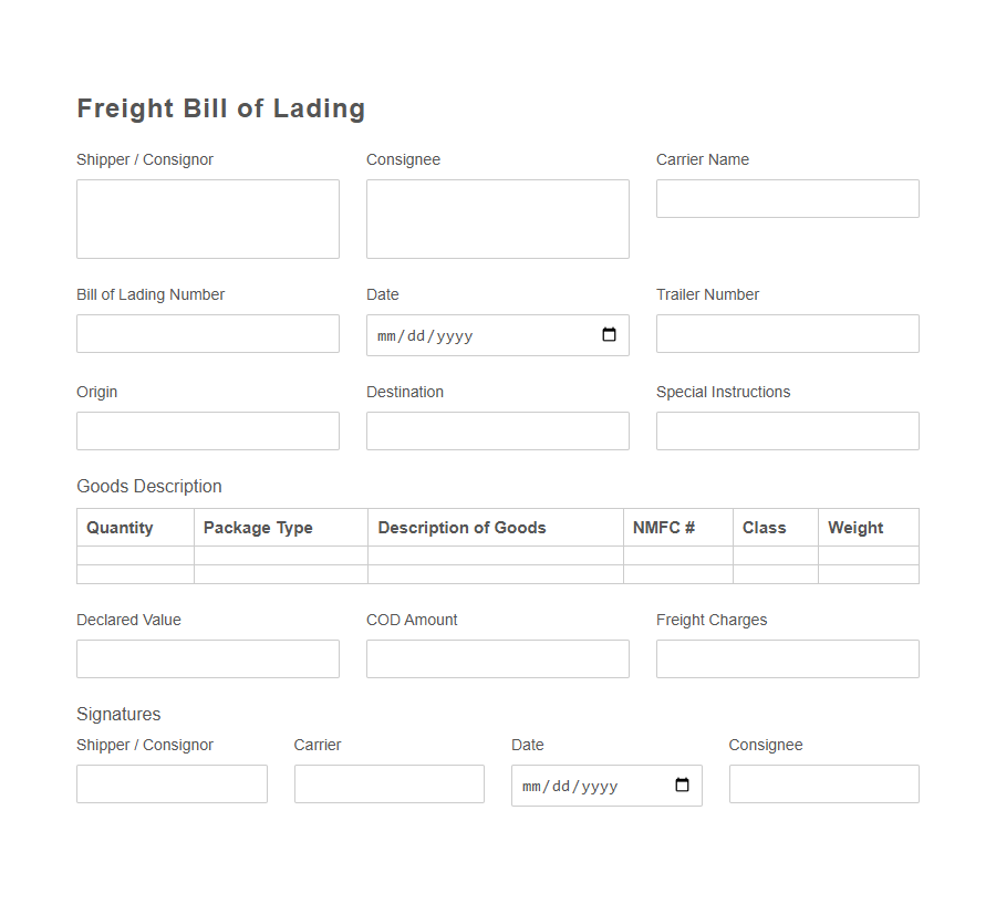 Bill of Lading Template Form PDF Samples