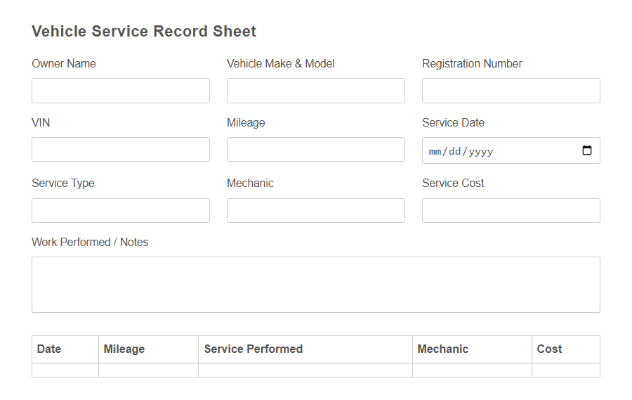 Car Maintenance Log Form PDF Samples