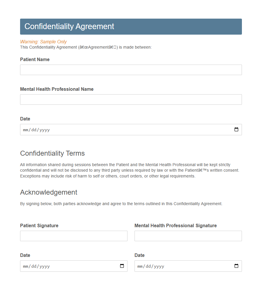 Confidentiality Agreement Form for Patients PDF Samples