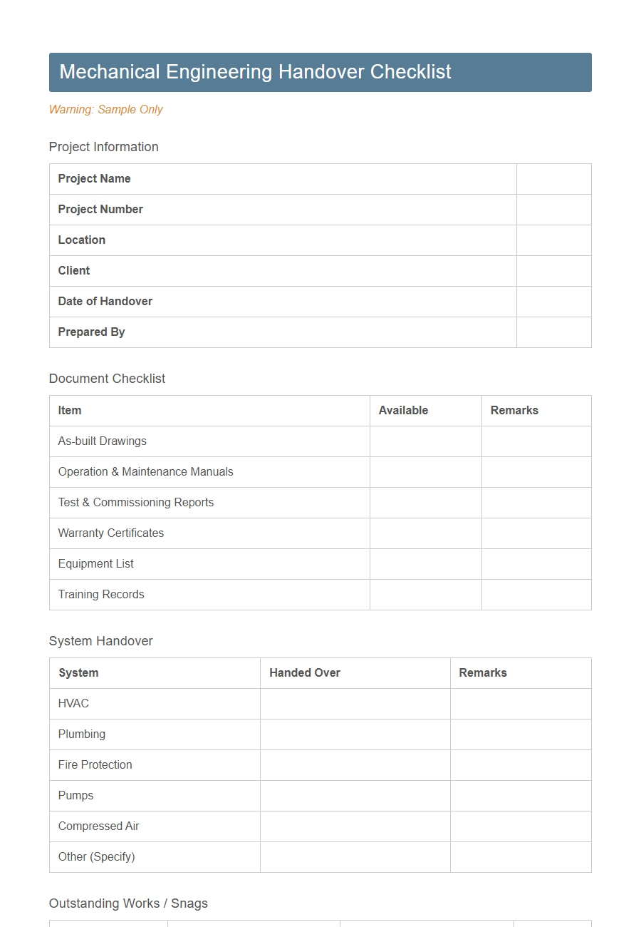 Engineering Handover Checklist Form PDF Samples