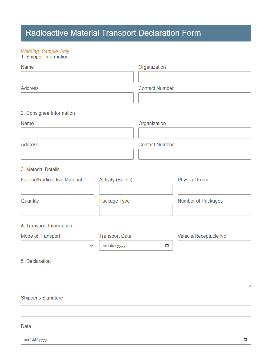 Hazardous Material Transport Declaration Form Template PDF Samples