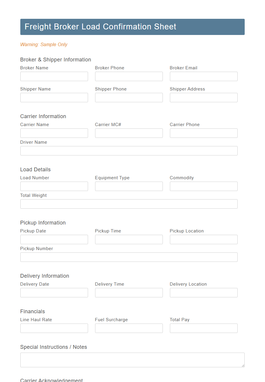 Load Confirmation Sheet PDF Samples