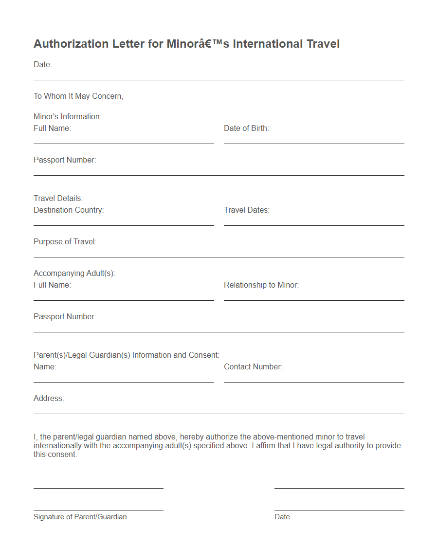Notarized Consent for Minor to Travel Form Template PDF Samples
