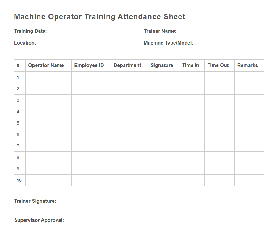Operator Training Attendance Form PDF Samples