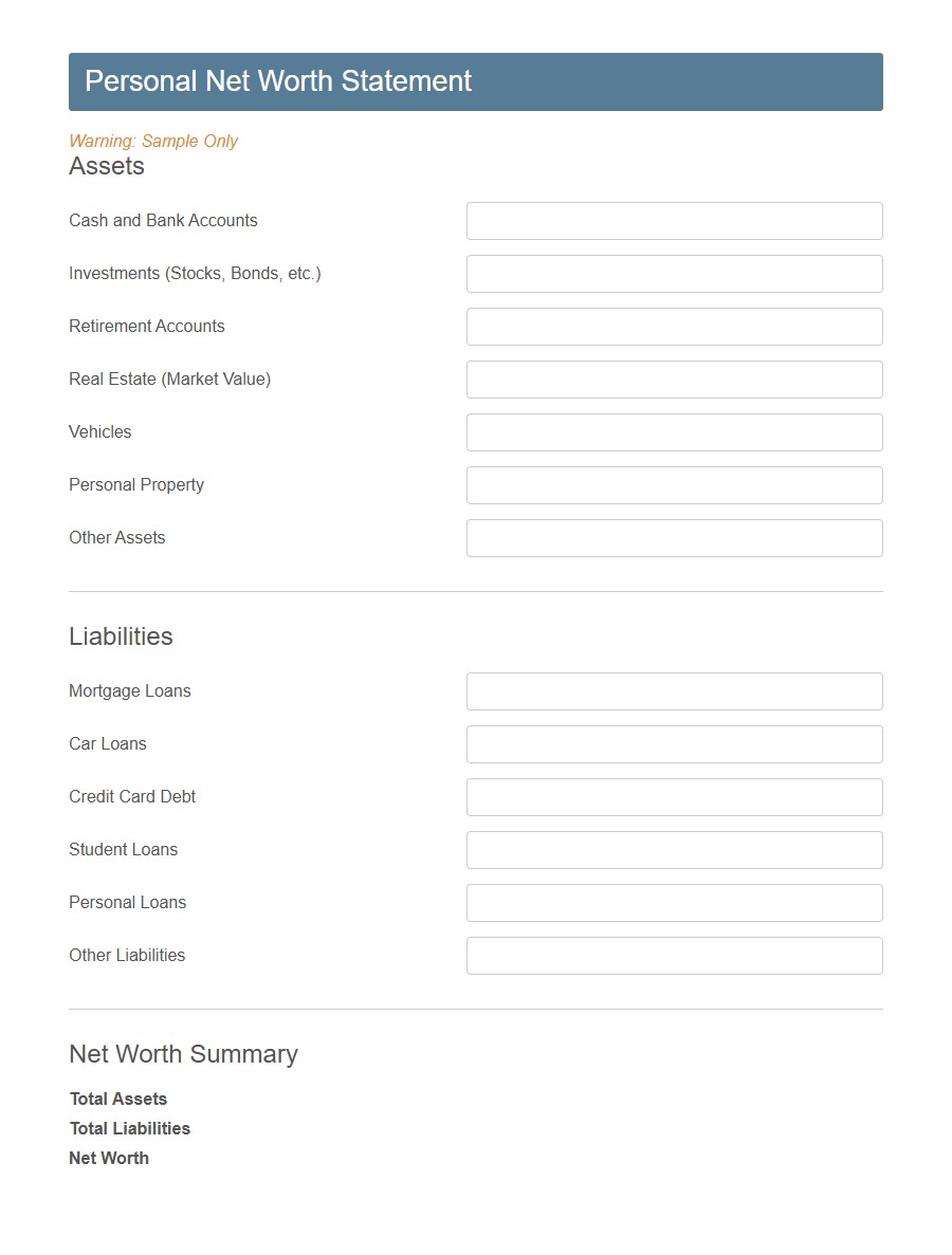 Personal Financial Statement Form PDF Samples