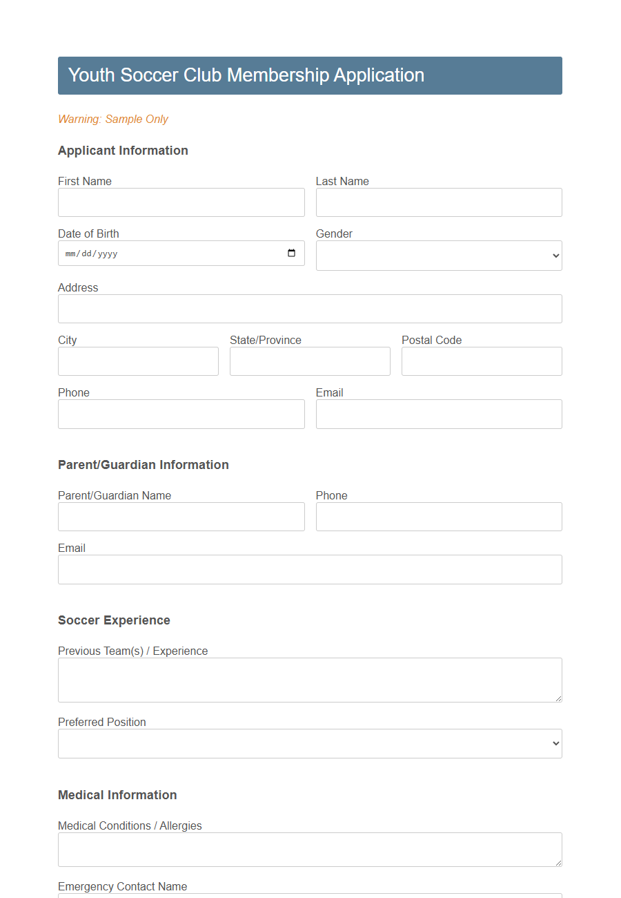 Sports Club Membership Application Form PDF Samples