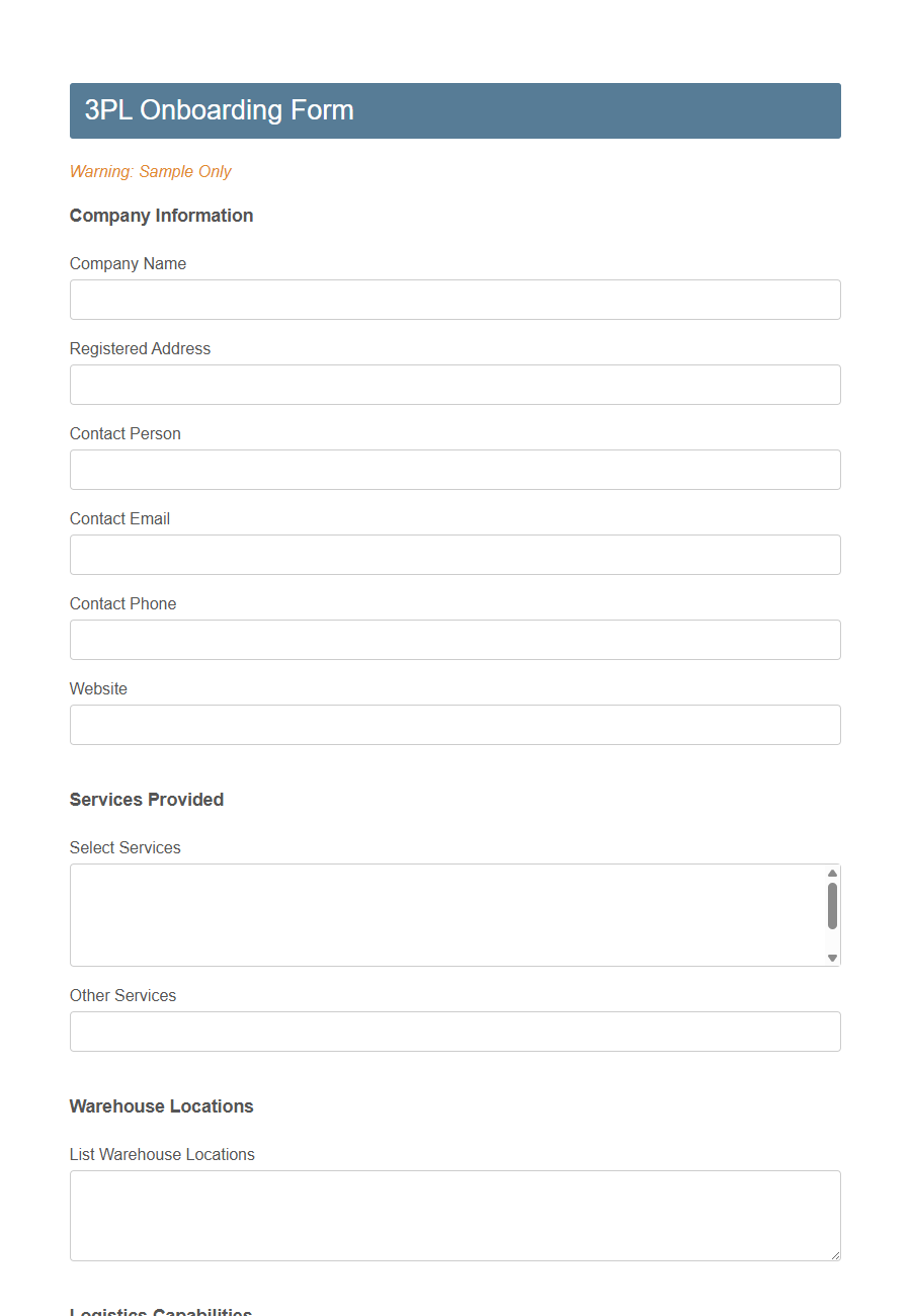 Third-Party Logistics (3PL) Onboarding Form Template PDF Samples