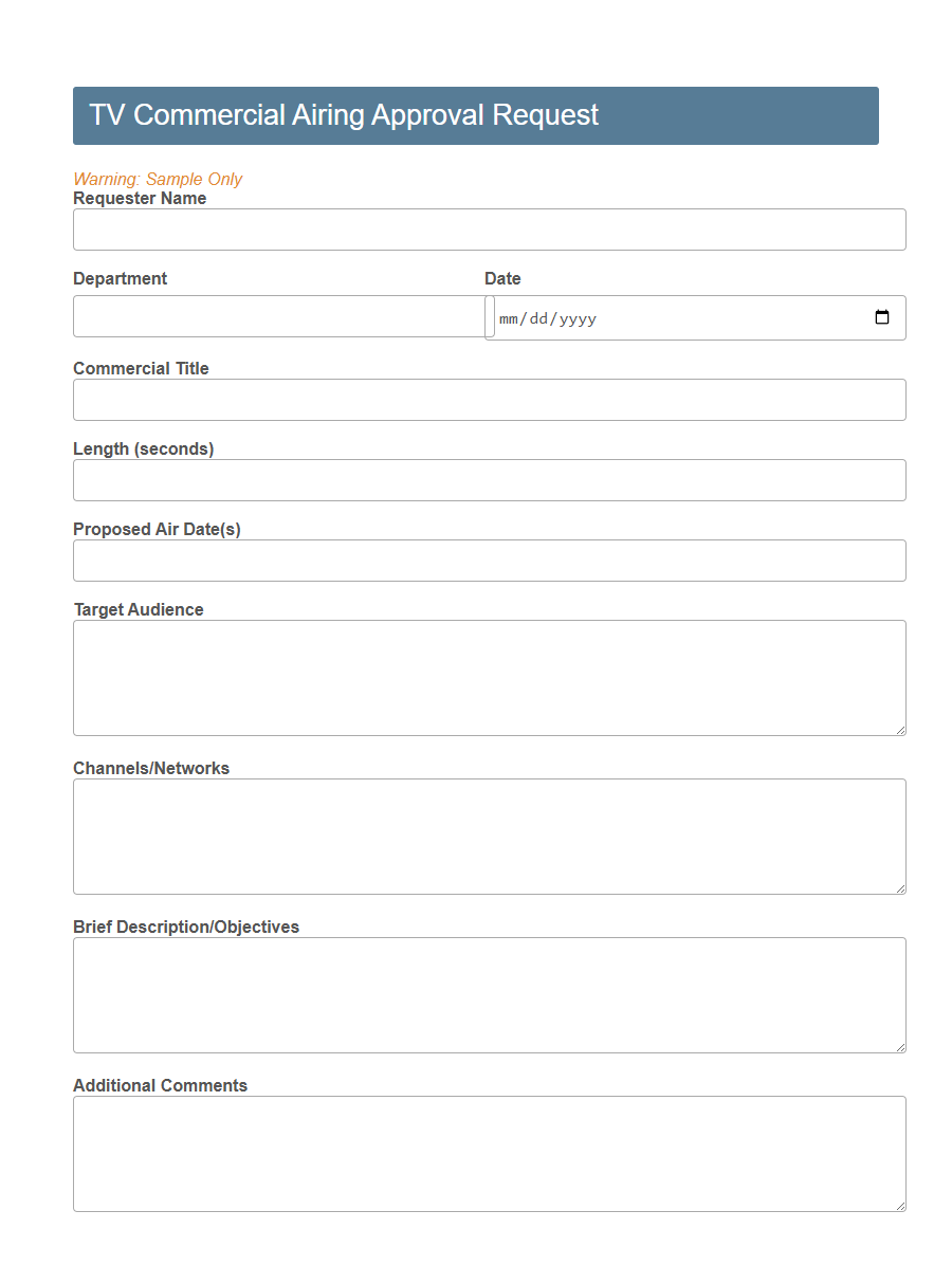 TV Commercial Airing Request Form PDF Samples