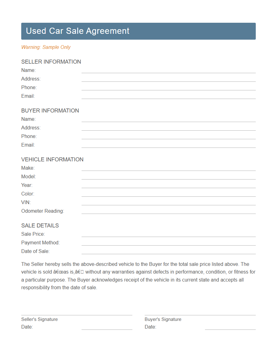 Vehicle Purchase Order Form Template PDF Samples