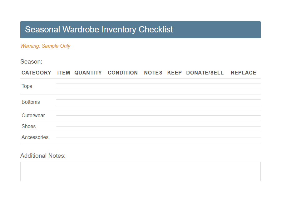 Wardrobe Inventory Check Form PDF Samples