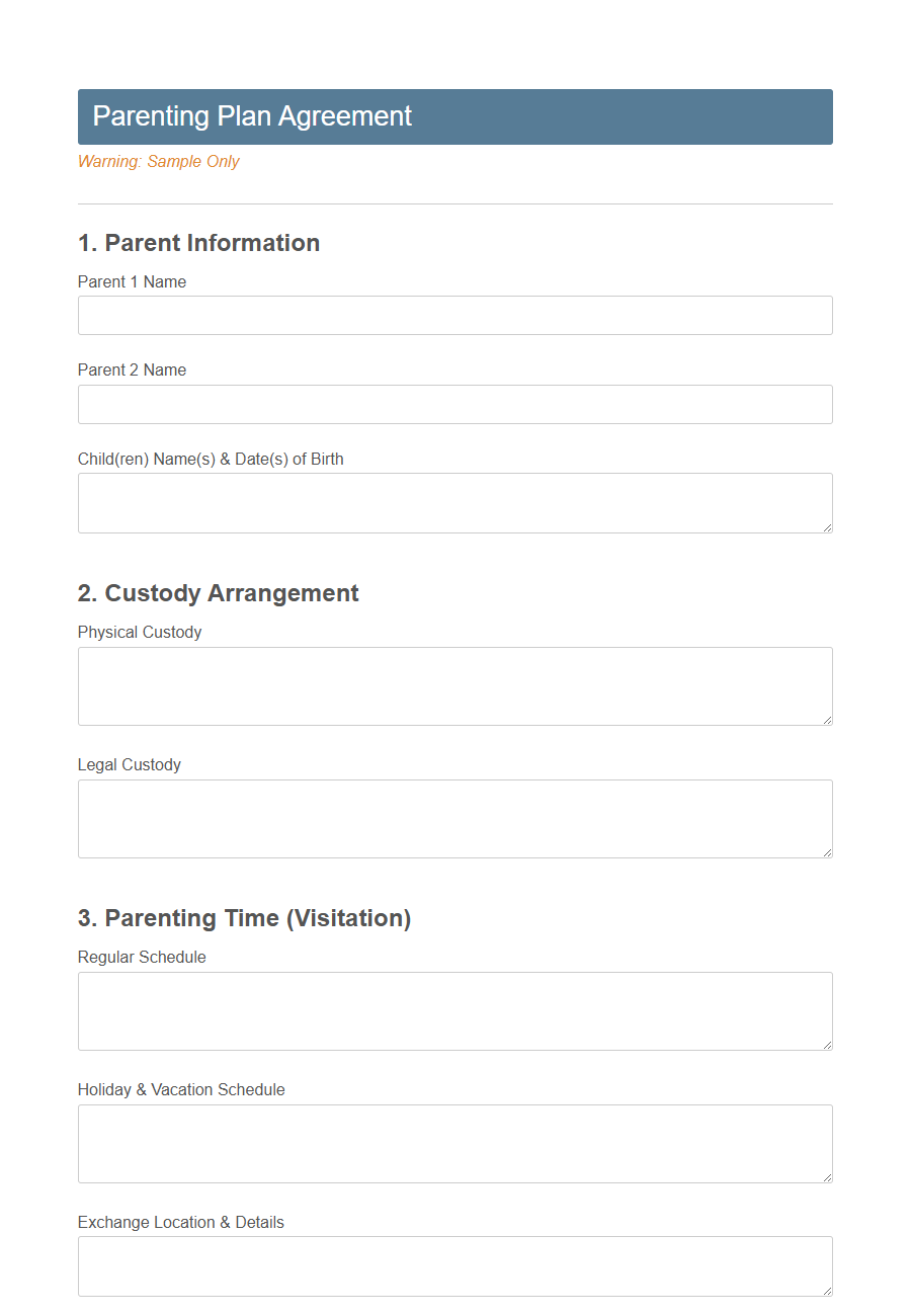 Child Custody Agreement Form Template PDF Samples