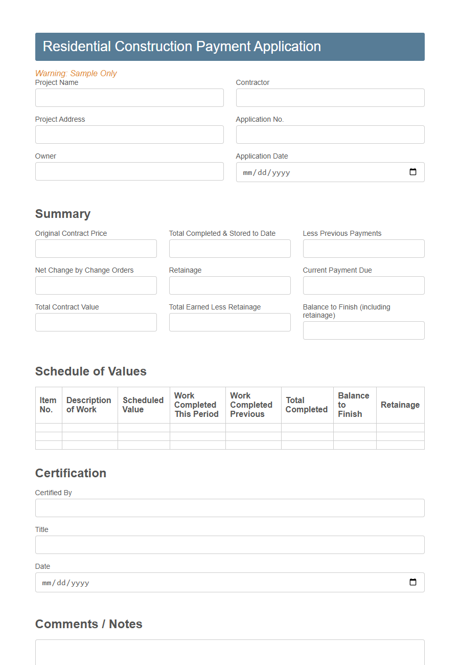 Construction Payment Application Form PDF Samples