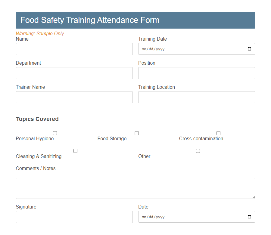 Food Training Attendance Form Template PDF Samples