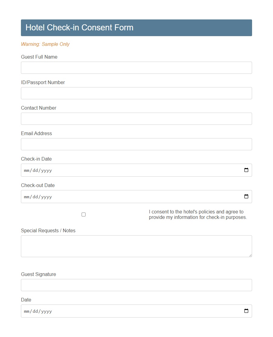 Hotel Check-in Consent Form Template PDF Samples