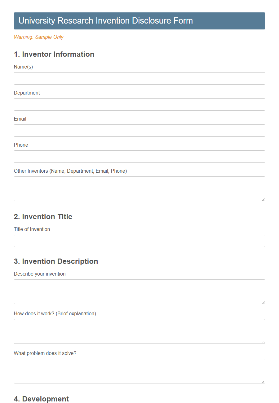Intellectual Property Disclosure Form Template (Research) PDF Samples