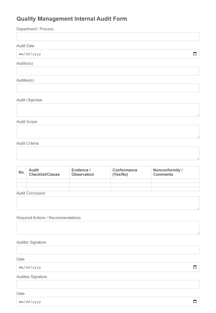 Internal Audit Form Template PDF Samples