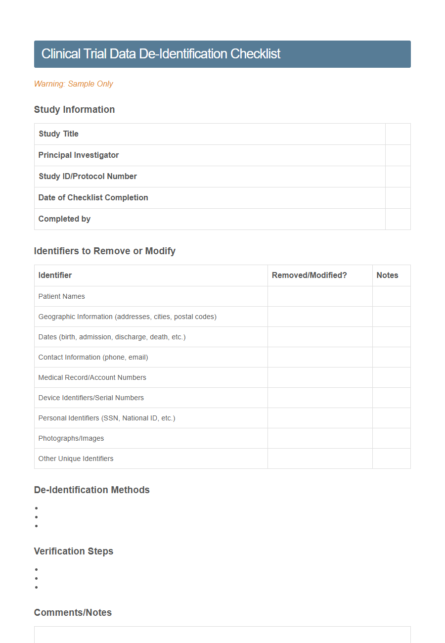 Research De-Identification Checklist Form PDF Samples