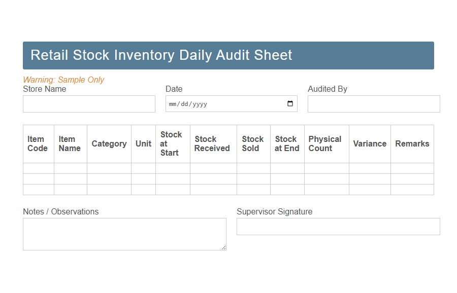 Retail Stock Inventory Check Form PDF Samples