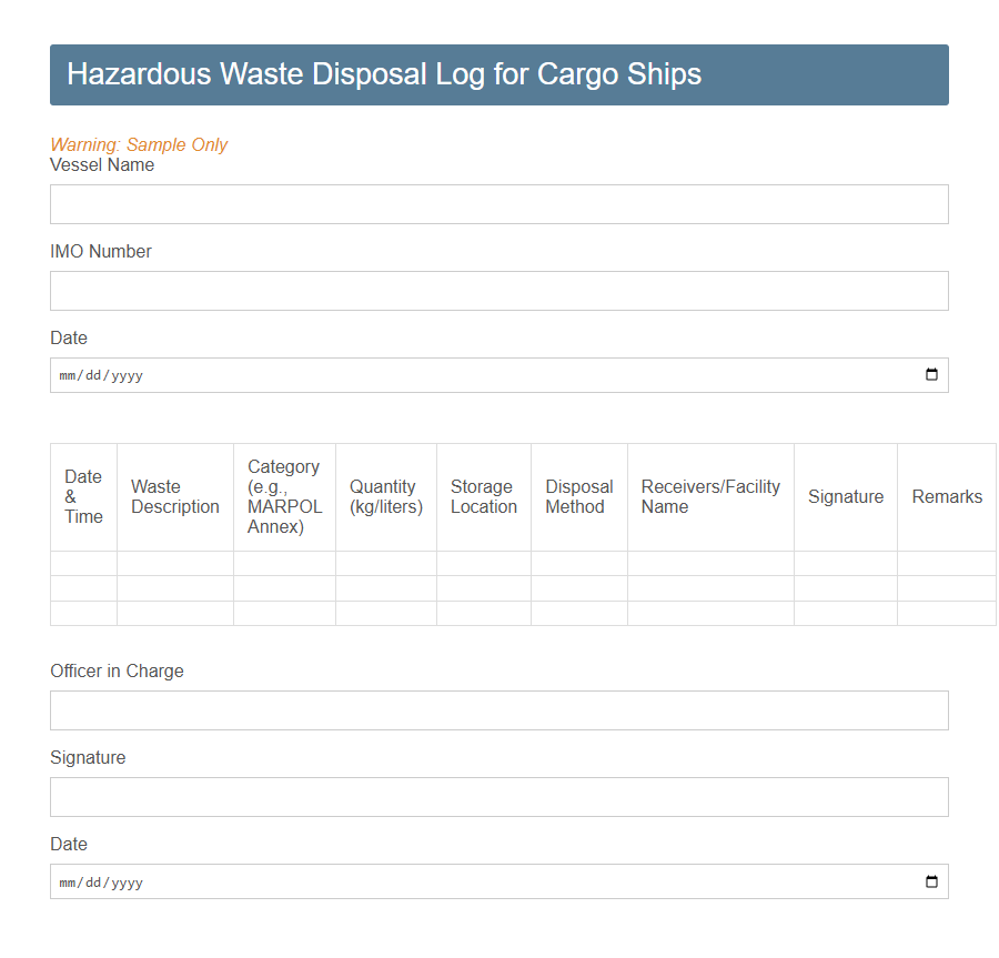 Ship Waste Disposal Record Form PDF Samples
