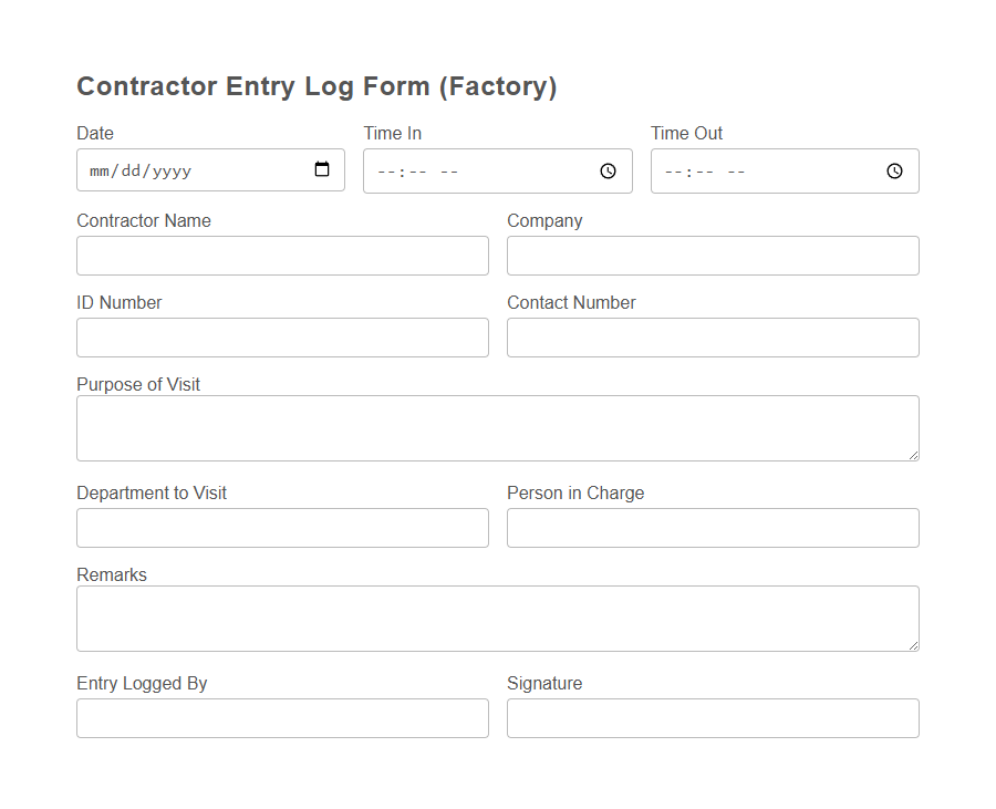 Visitor Entry Log Form (Factory) Template PDF Samples