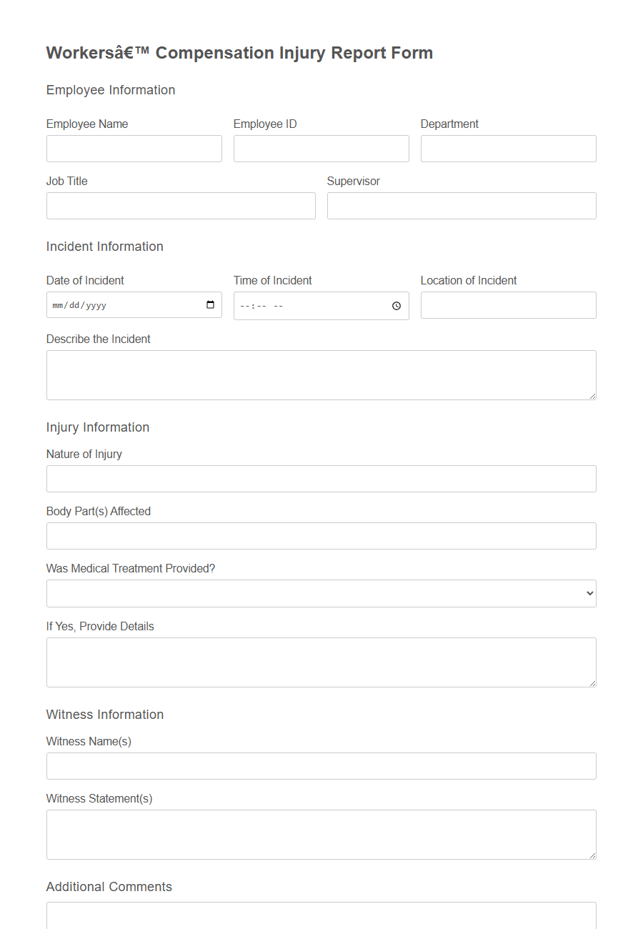 Workers' Compensation Injury Report Form Template PDF Samples