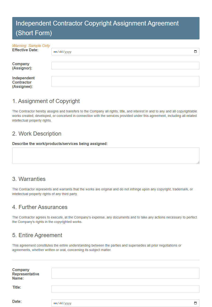 Copyright Assignment Agreement (Short Form) PDF Samples