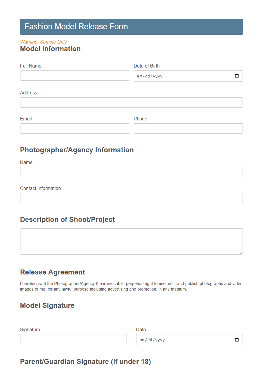 Fashion Model Release Form Template PDF Samples