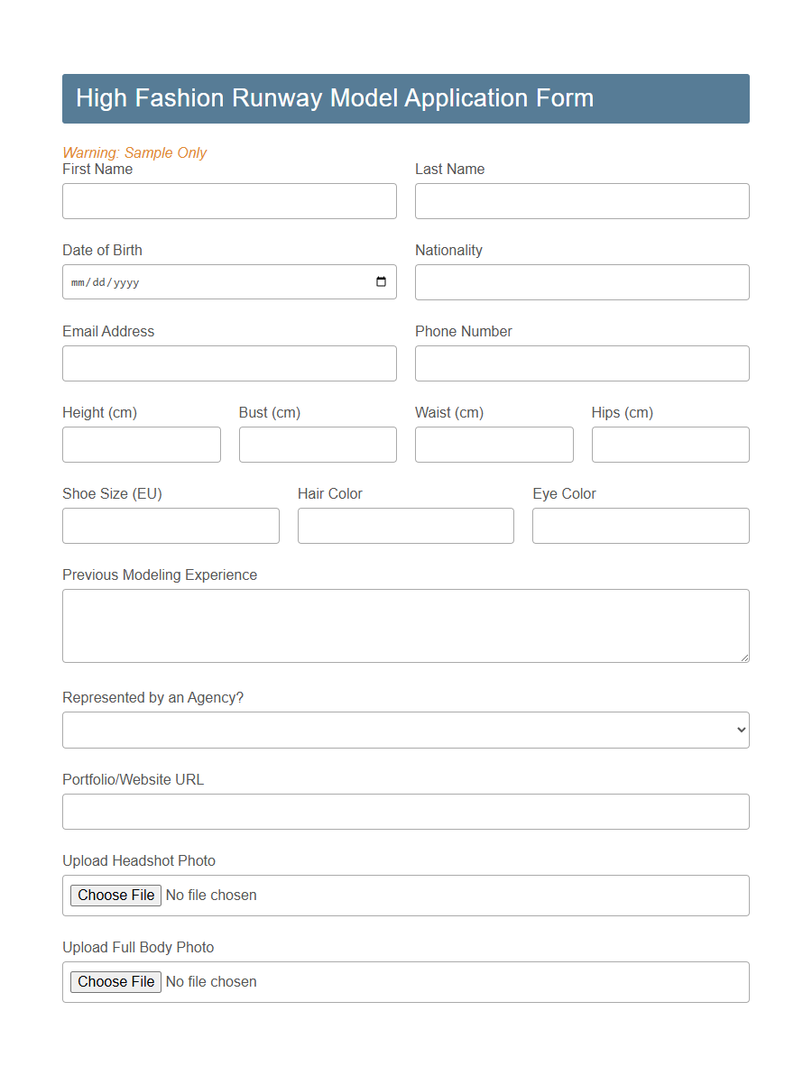 Fashion Show Model Application Form PDF Samples