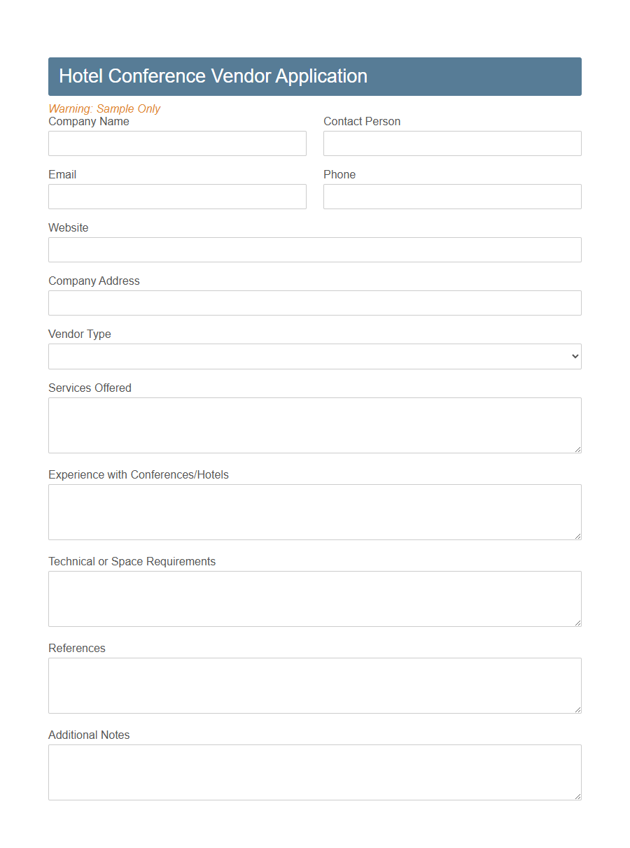 Hospitality Vendor Application Form PDF Samples