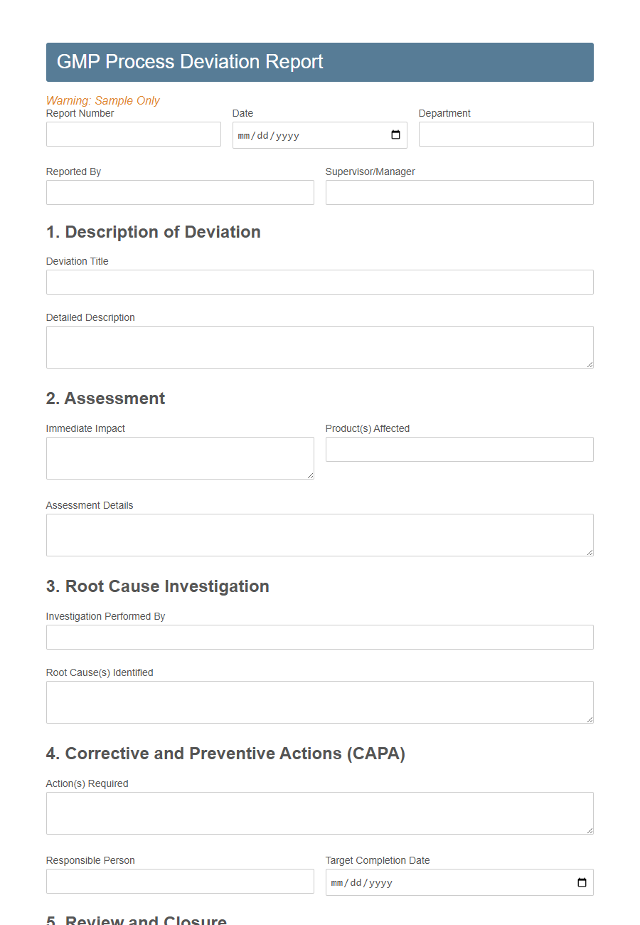 Process Deviation Report Form PDF Samples