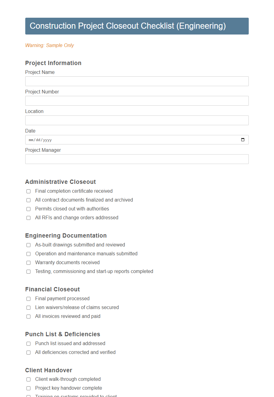 Project Closeout Form (Engineering) PDF Samples