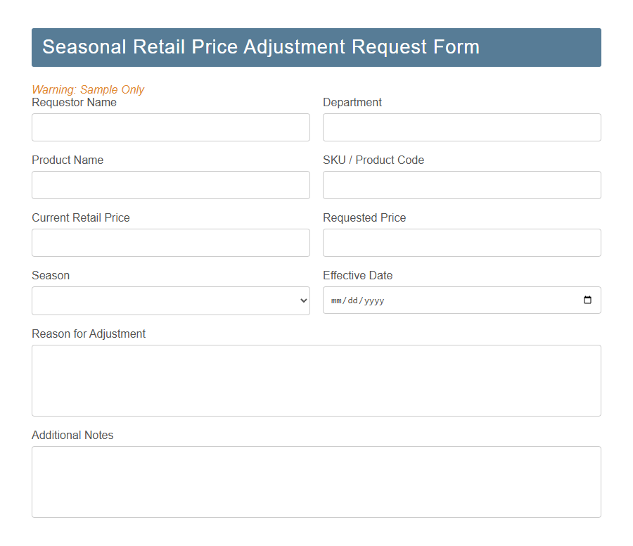 Retail Price Adjustment Request Form PDF Samples