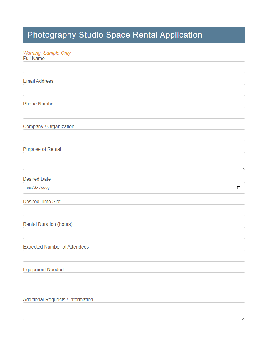 Studio Space Rental Application Form PDF Samples