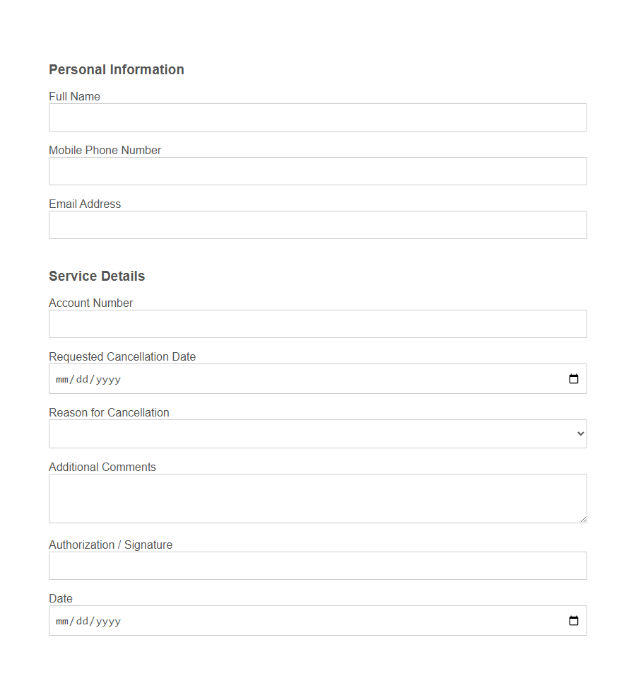 Telecom Service Cancellation/Disconnection Form Template PDF Samples