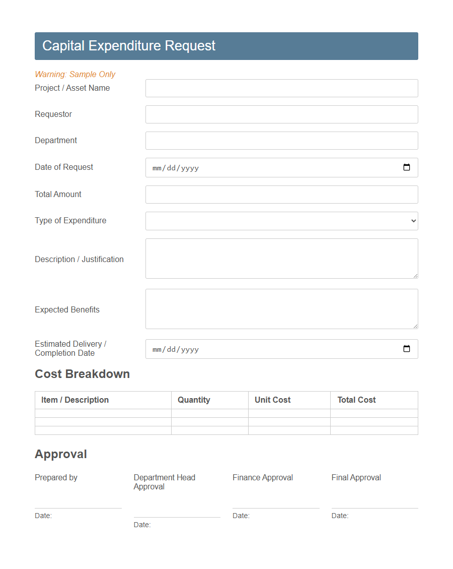 Capital Expenditure Request Form Template PDF Samples