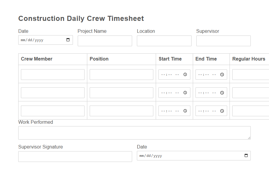 Construction Employee Timesheet Form Template PDF Samples