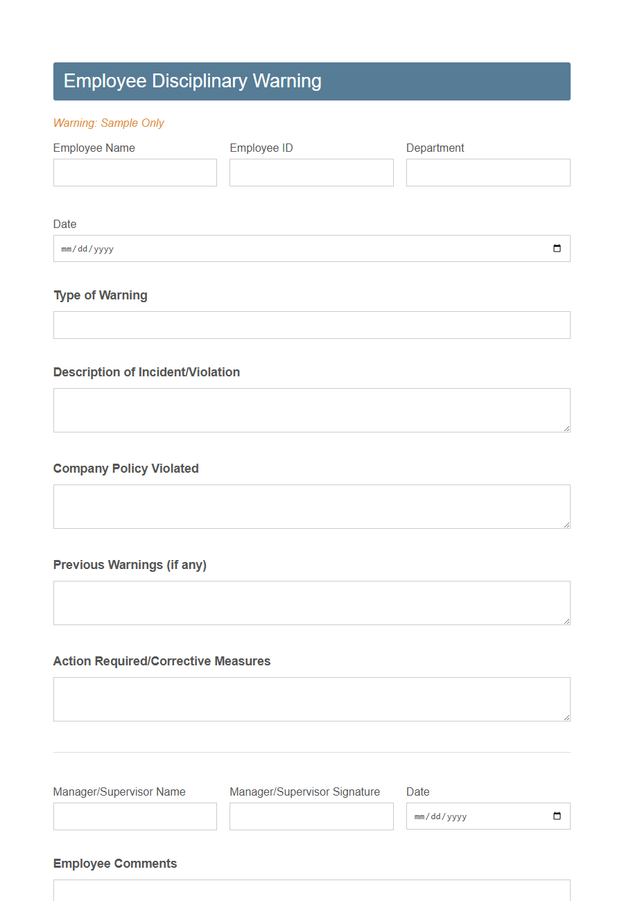 Disciplinary Action Form PDF Samples