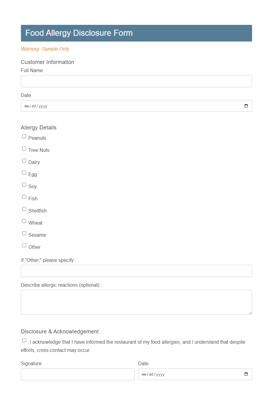 Food Allergy Disclosure Form Template PDF Samples