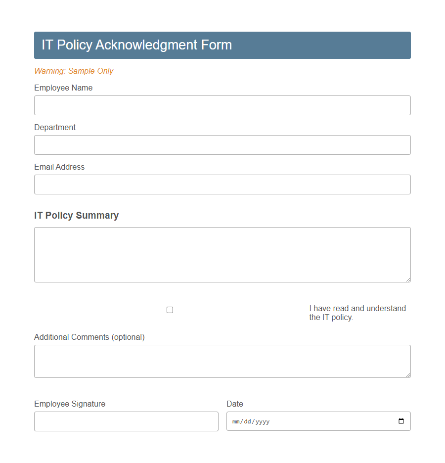 IT Policy Acknowledgment Form Template PDF Samples
