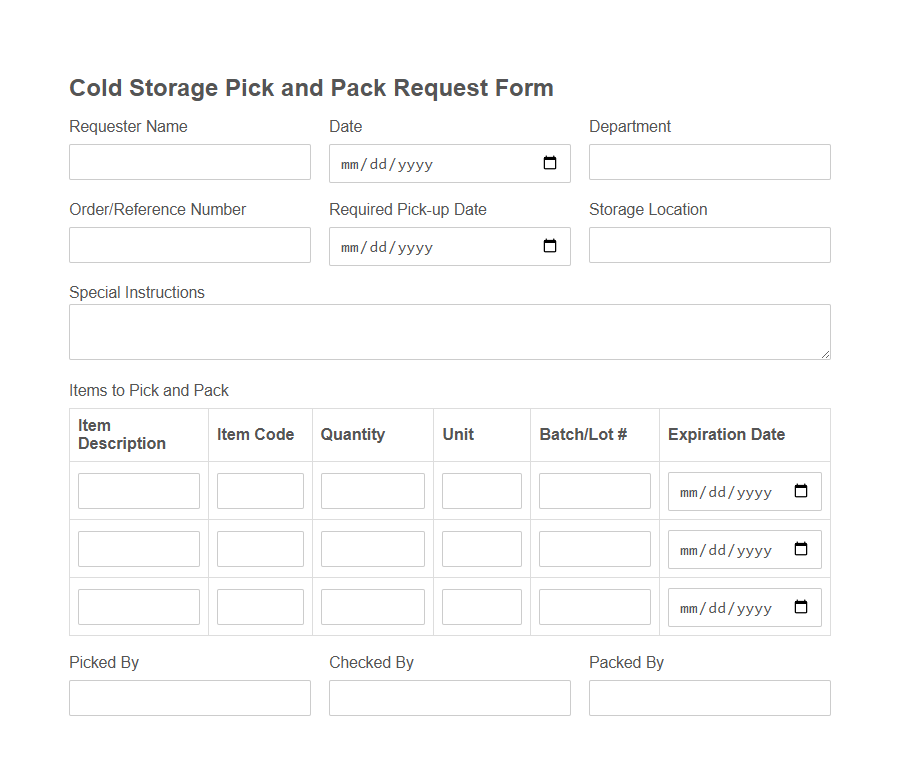 Pick and Pack Request Form Template PDF Samples