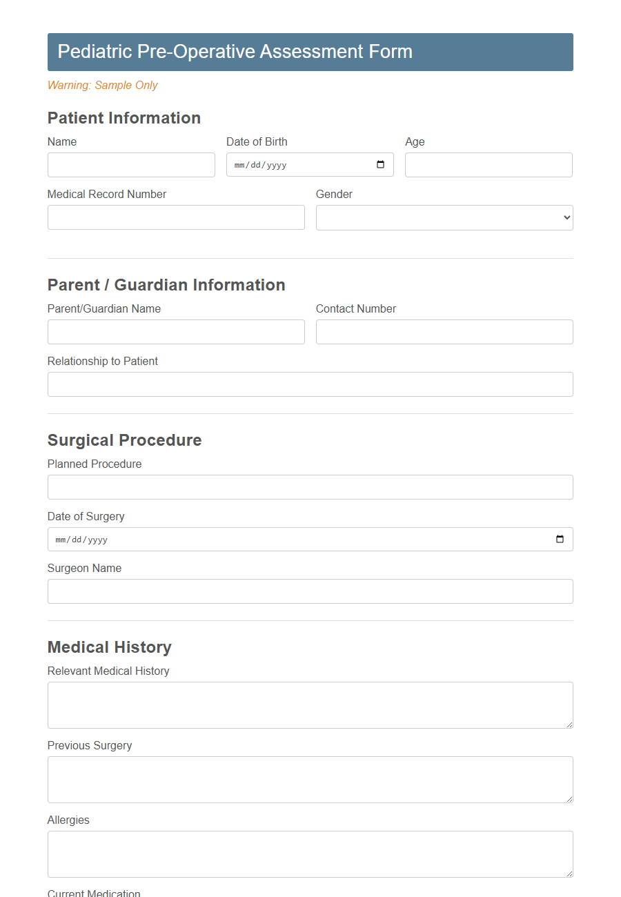 Pre-Operative Assessment Form Template PDF Samples