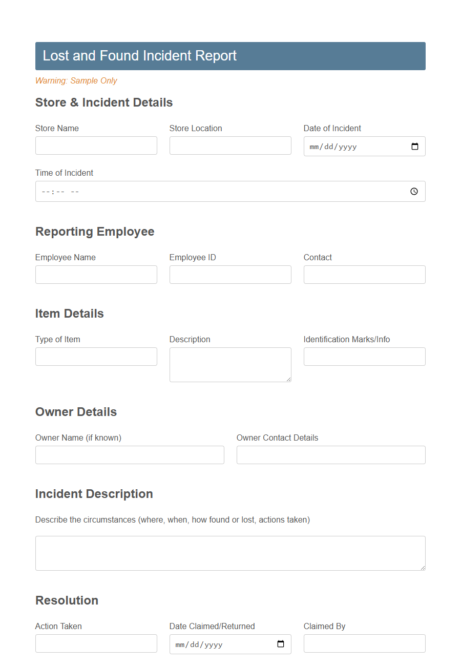 Retail Lost and Found Report Form PDF Samples