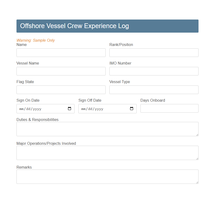 Ship Crew Experience Record Sheet PDF Samples